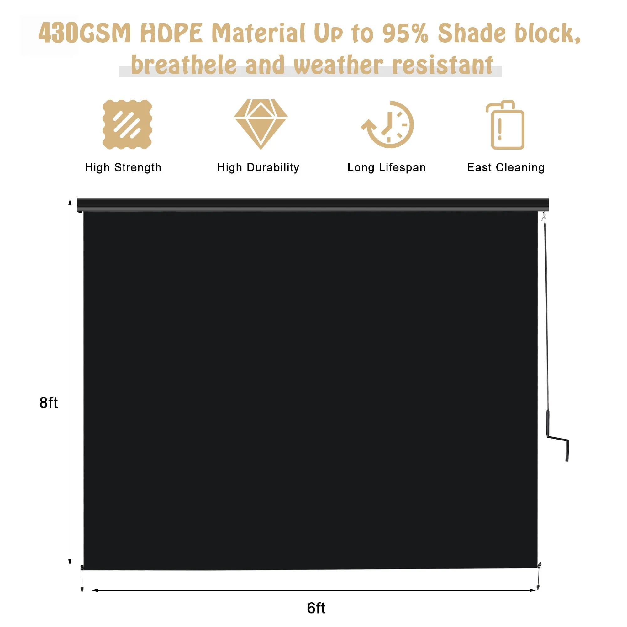 Superjoe 6x8 ft Crank Outdoor Operated Roller Shade Patio Cordless Blinds 95% Block, Black