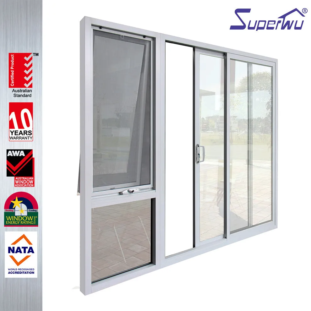 Superwu 2019 new fiberglass mosquito net aluminum main sliding door design with awning window