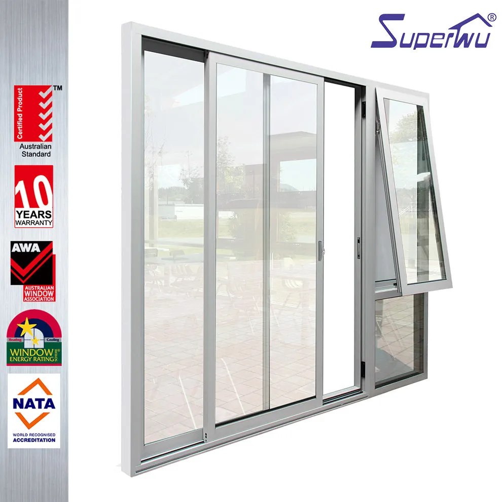 Superwu 2019 new fiberglass mosquito net aluminum main sliding door design with awning window